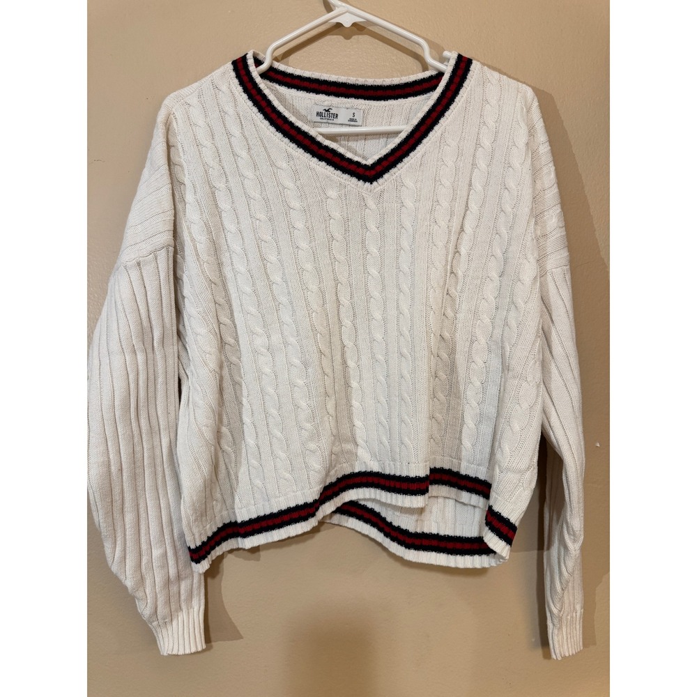 Hollister Womens Cable Knit V-Neck Sweater Cream White Red Blue Striped Small